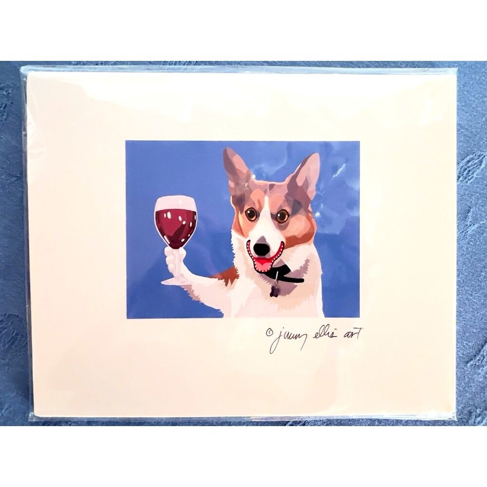 Corgi Art Print Toasting Wine Colorful Dog Illustration Signed Jimmy Ellis Art